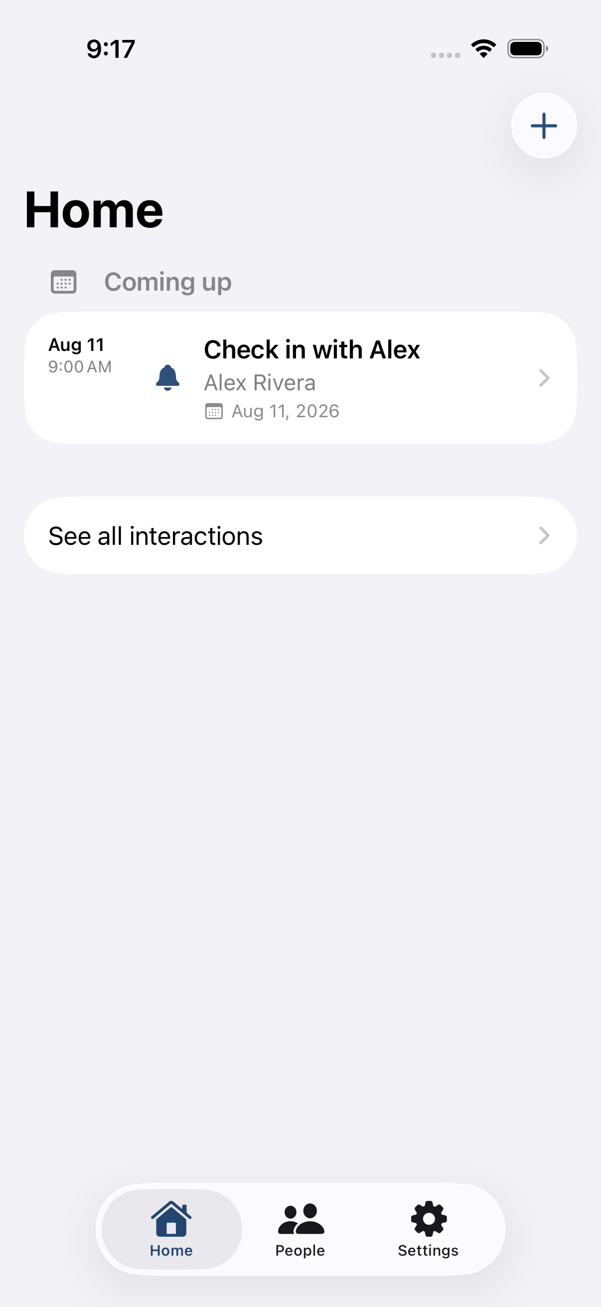 Dear Details Home screen showing an upcoming reminder to check in with Alex