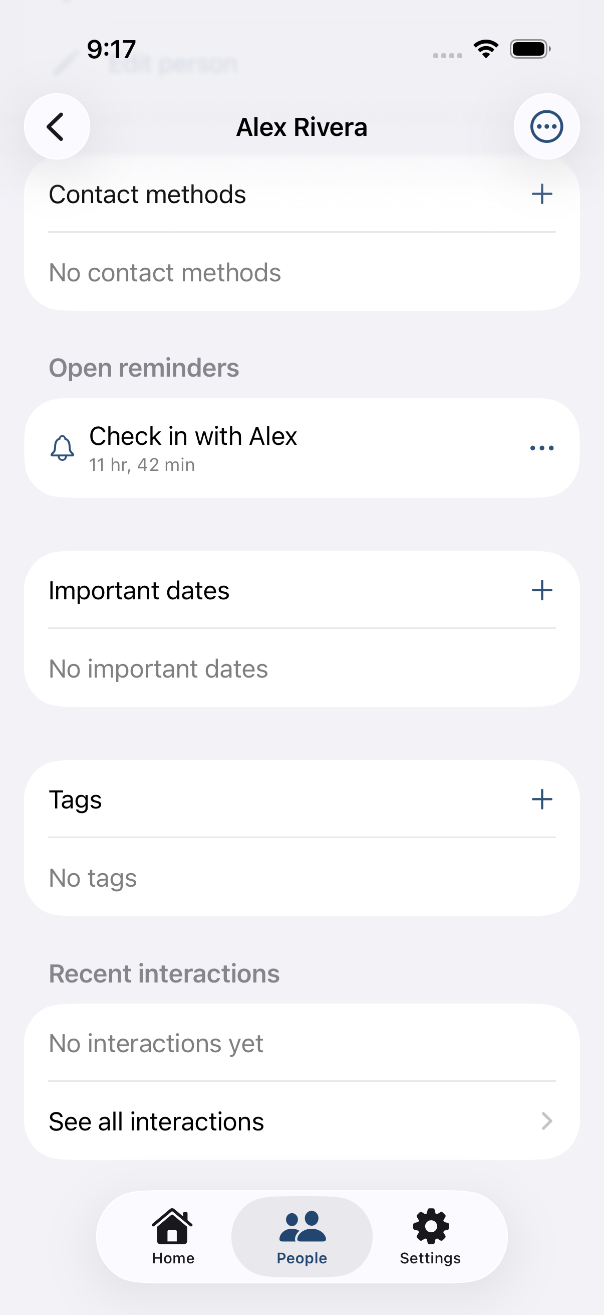 Dear Details open reminders section for Alex Rivera showing a check-in reminder